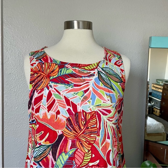 C&C California Colorful Leaf Print Sleeveless A-Line Linen Summer Dress Sz Large - Picture 2 of 13